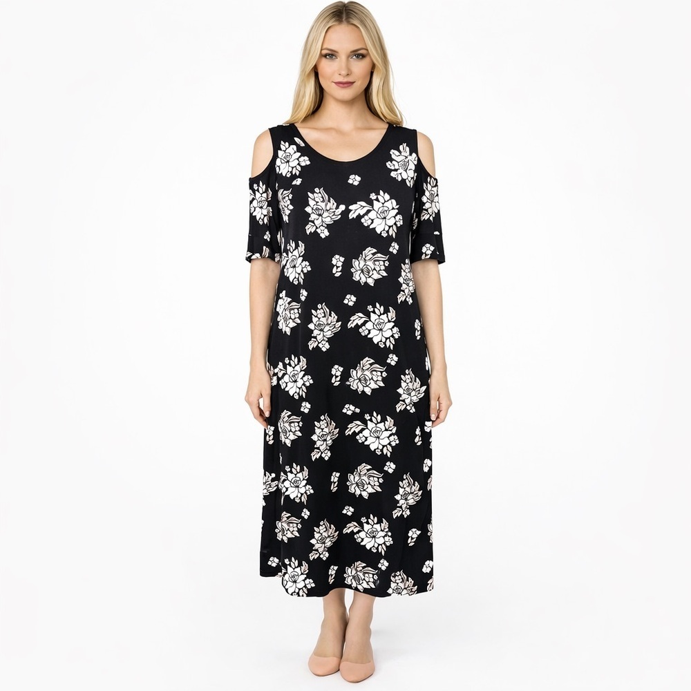 Chicos Black Floral Dress Cold shoulder Sleeves Shift Cottage Chic Size 3 = XL